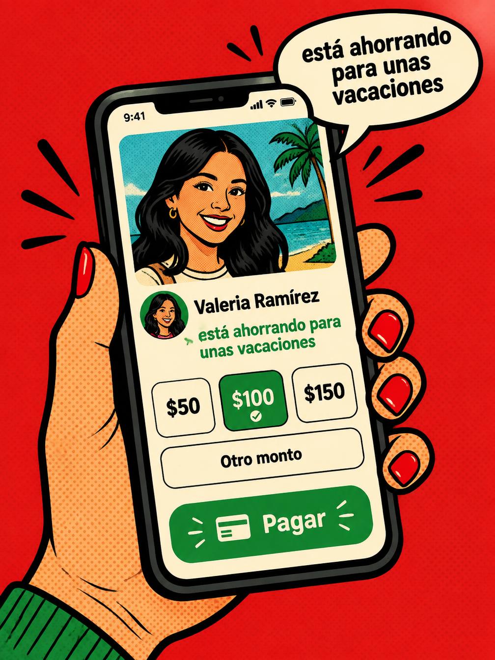 Una mano sostiene un teléfono con Propinator: Valeria Ramírez está ahorrando para unas vacaciones y el cliente elige la propina