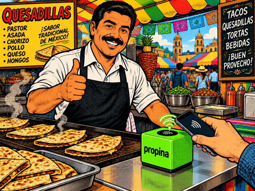 Mesero sonriente en un puesto de quesadillas mientras un cliente acerca su teléfono al cubo Propinator